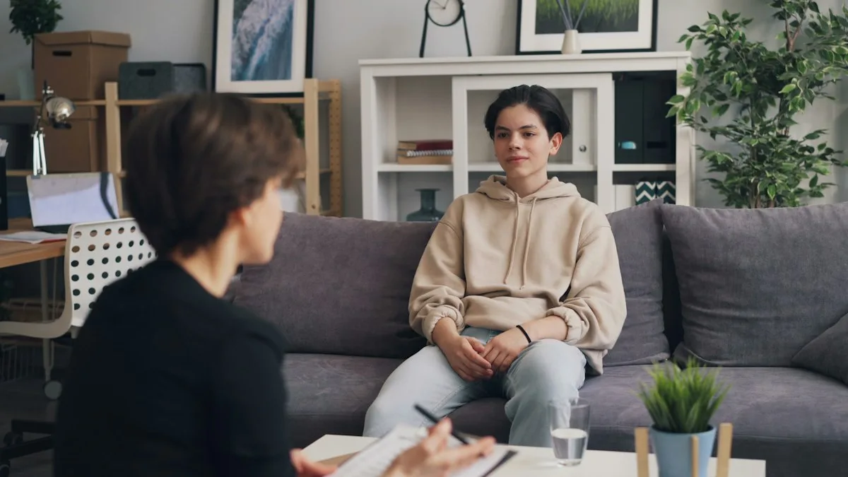 A woman talking during a therapy session.